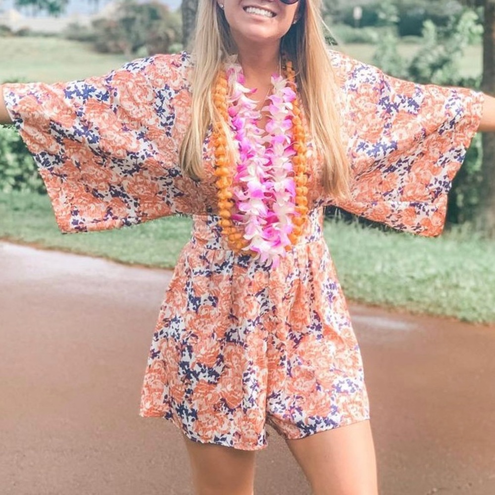 Tropical Orange and Blue Silk Floral Romper
